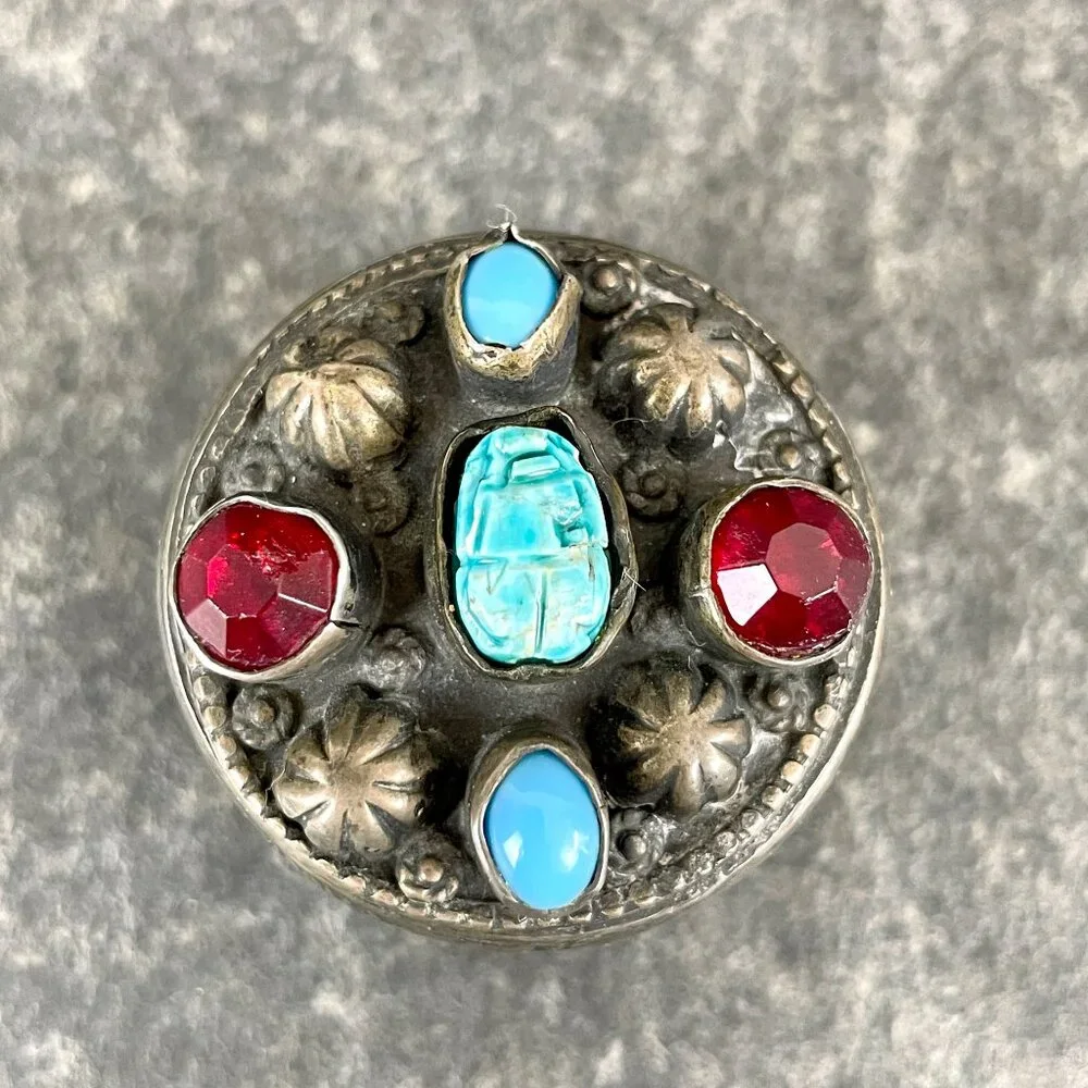 Egyptian silver scarab and pharoah snuff or trinket box